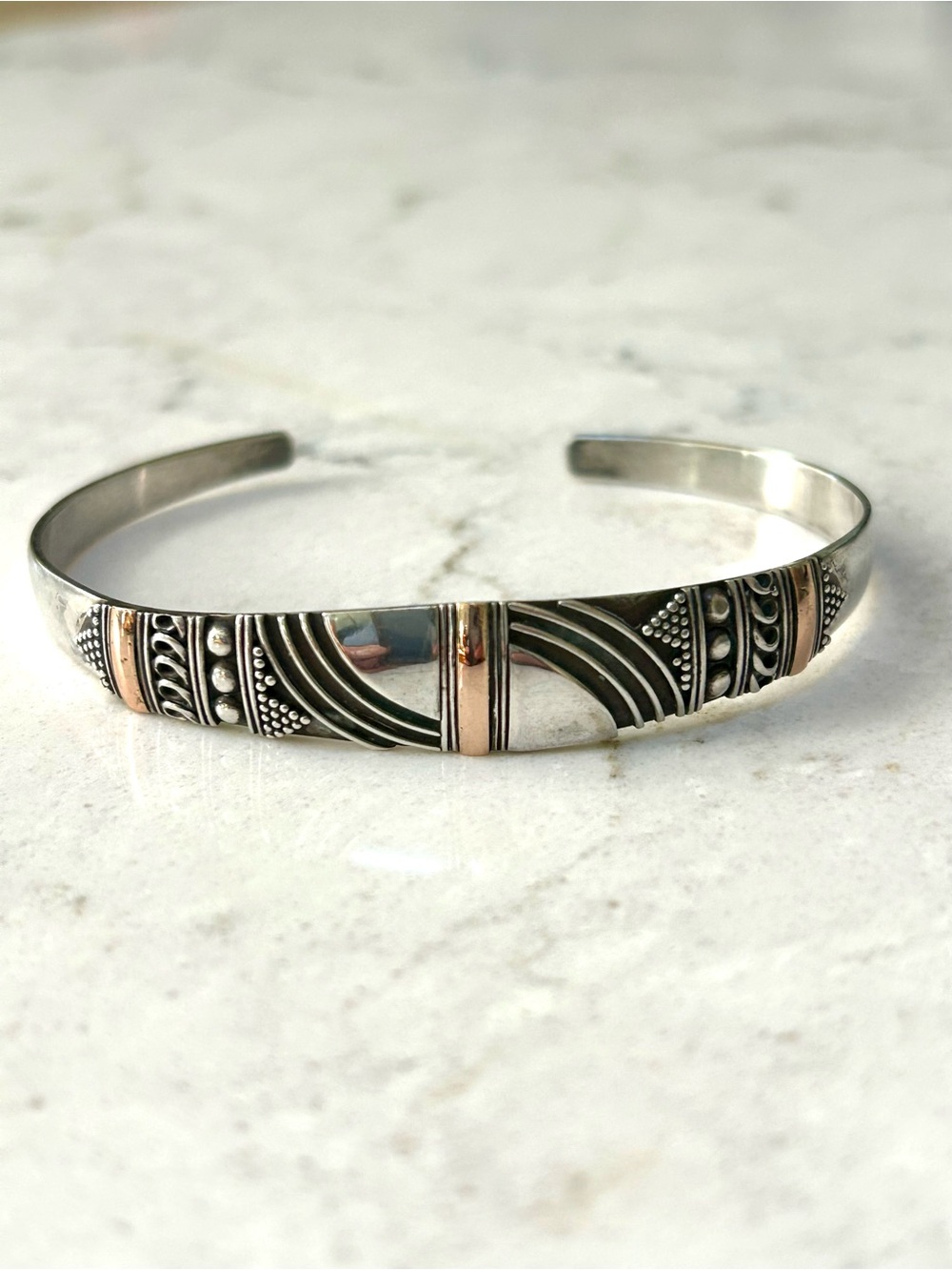 Sterling Silver Balinese Engraved Cuff Bracelet with Gold Accents